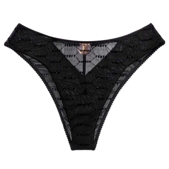Savage X Fenty by Rihanna Black Sheer Shimmer Flocked Logo Brazilian Underwear - Picture 1 of 9